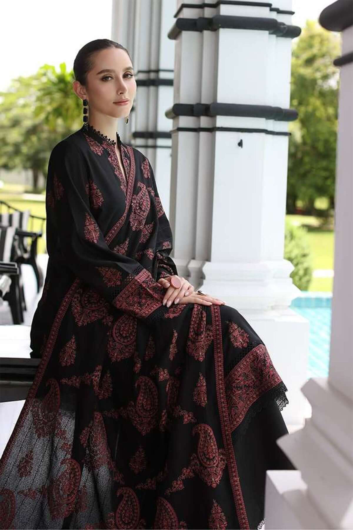 Bareeze Luxury Black Dhanak Embroidered Dress with Dhanak Ready Shawl