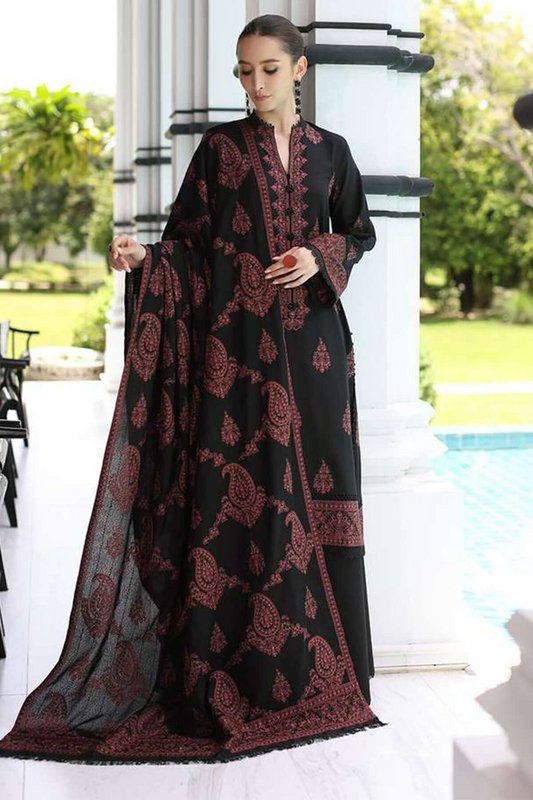 Bareeze Luxury Black Dhanak Embroidered Dress with Dhanak Ready Shawl