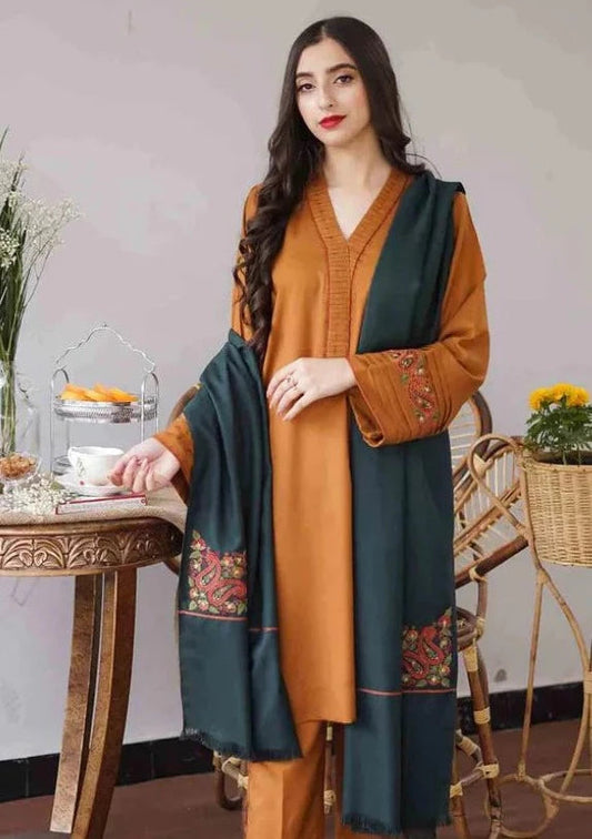 Asling Dhanak 3pc with embroidery shawl mustard