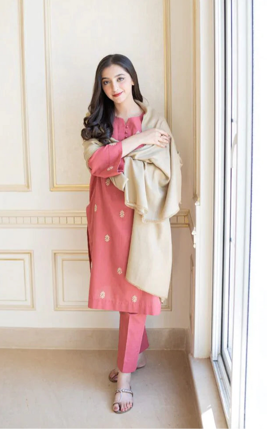 Asling Dhanak 3pc with embroidery wool shawl pink skin