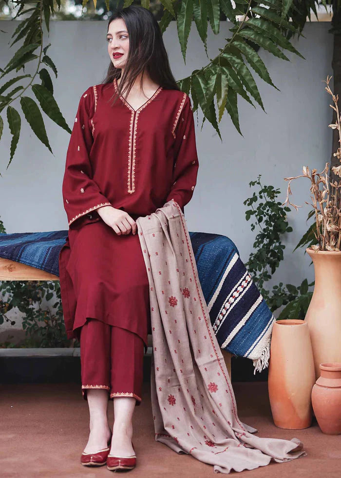 3 Piece Unstitched Heavy Embroidered Dhanak Wool Suit With Heavy Embroidered Dhanak Wool Shawl