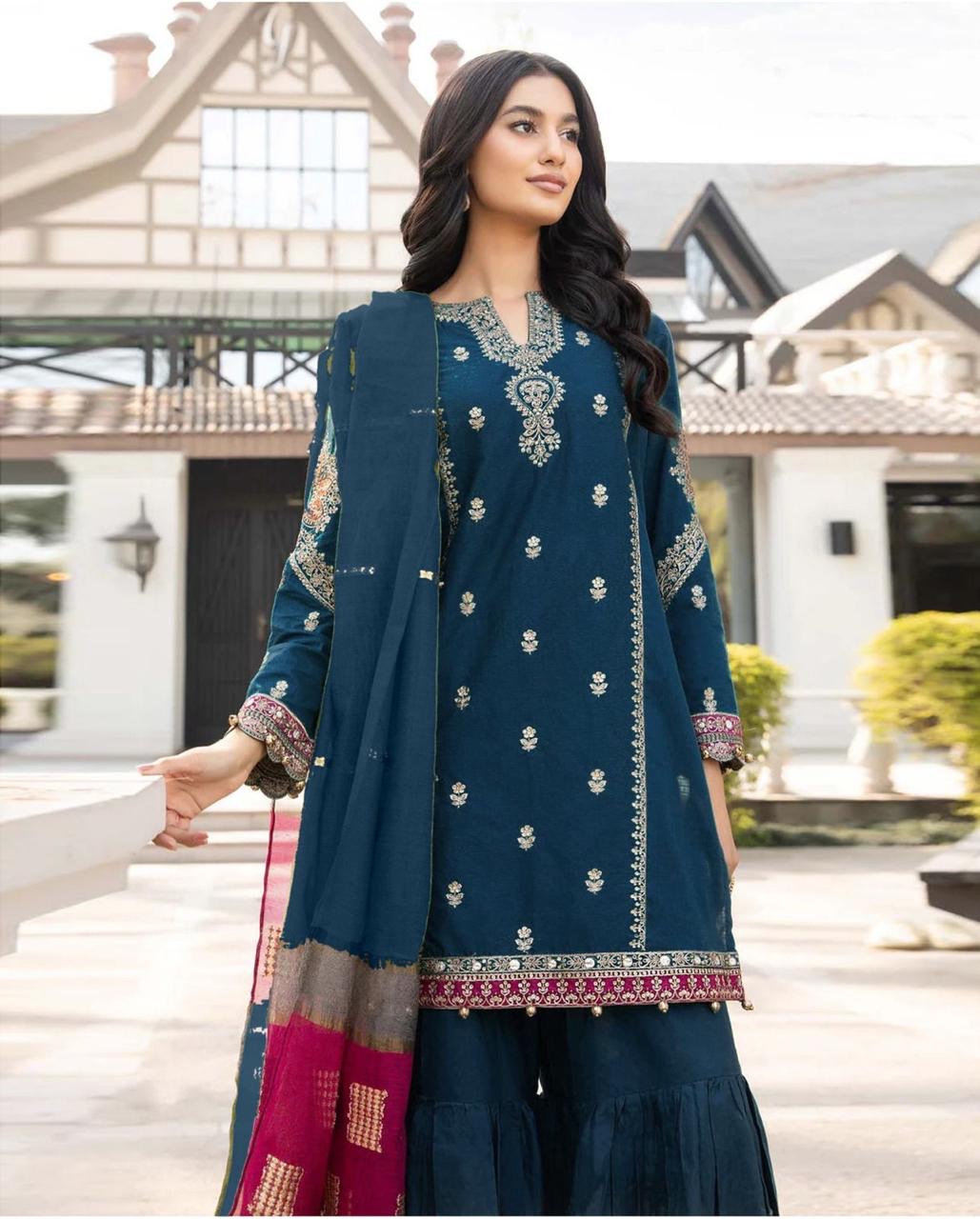 3 Pc Eid Collection Lawn Dress Full Embroidered with Voil Dupata