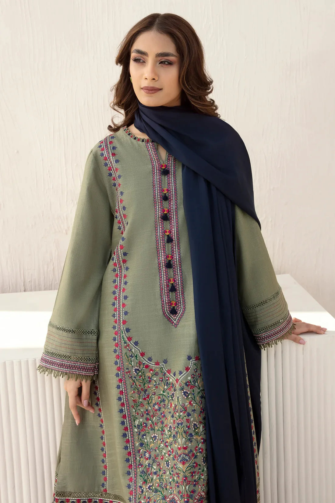 Jazmin - 3pc Winter Embroidered khaddar Shirt With Bumble Wool Shawl