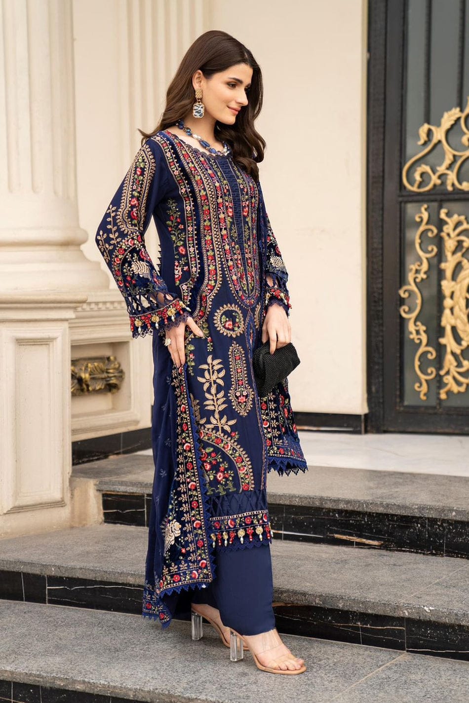 Blue Bareeze Heavy Embroidered With Emb Dupata