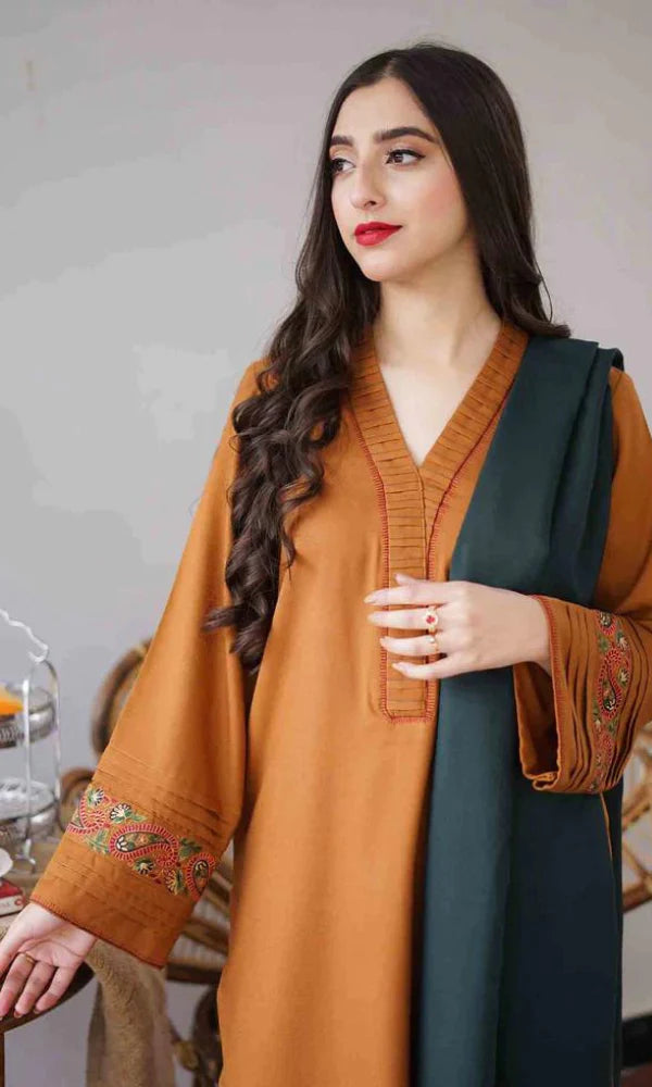 Asling Dhanak 3pc with embroidery shawl mustard