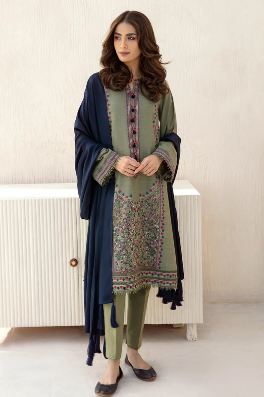 Jazmin - 3pc Winter Embroidered khaddar Shirt With Bumble Wool Shawl