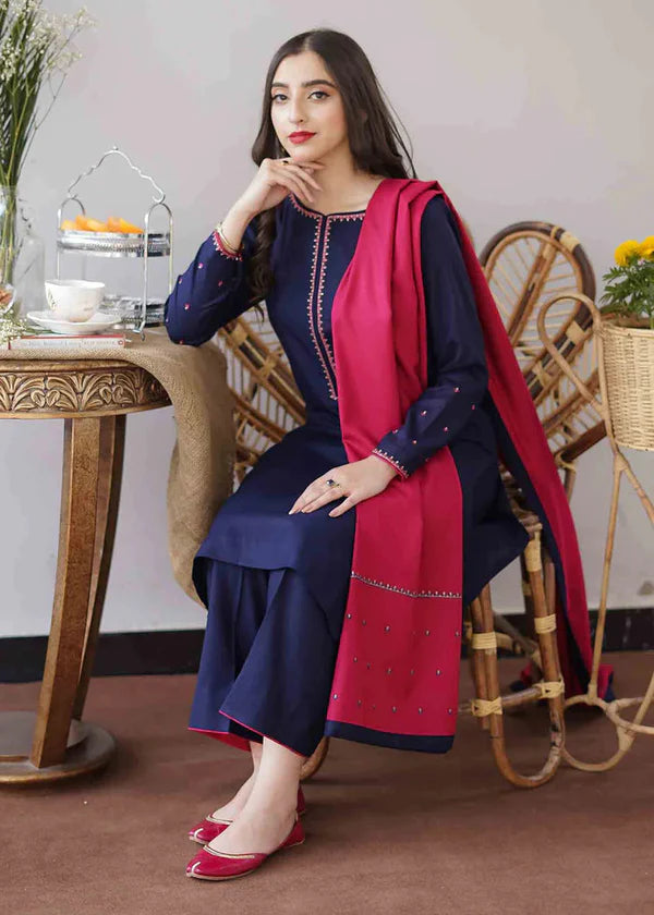 Asling Dhanak 3pc with embroidery shawl blue pink