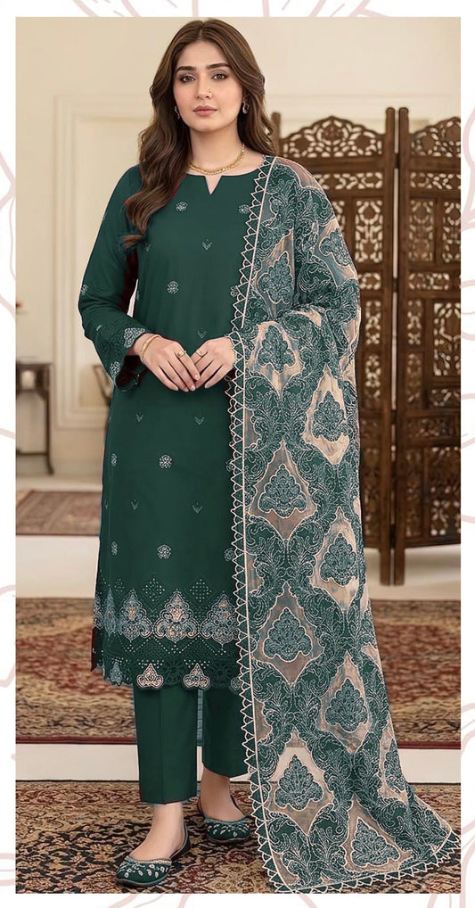 Green Unstitched Dhanak Embroidered 3pc SS-7003