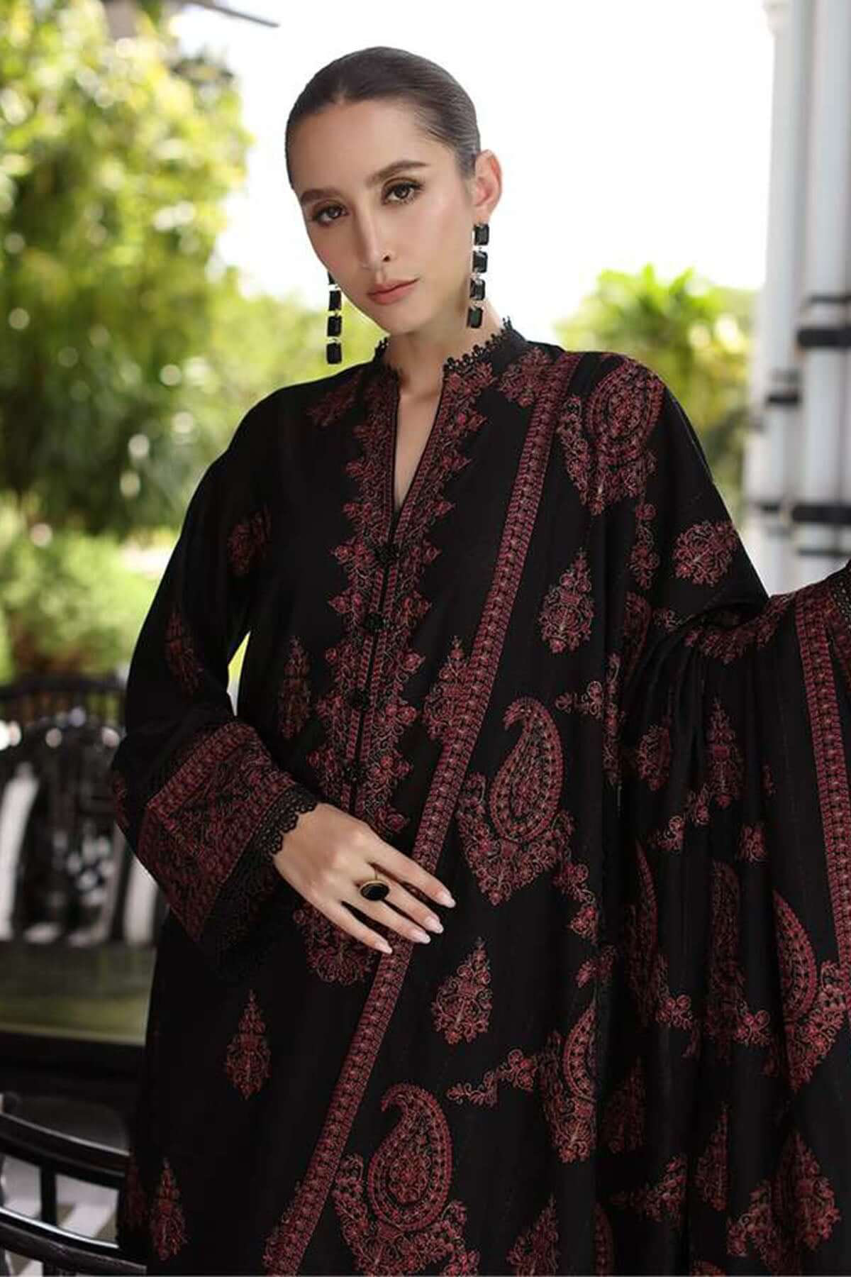 Bareeze Luxury Black Dhanak Embroidered Dress with Dhanak Ready Shawl