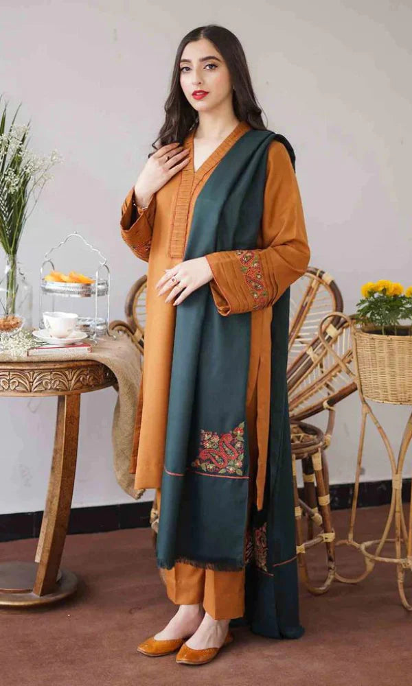 Asling Dhanak 3pc with embroidery shawl mustard