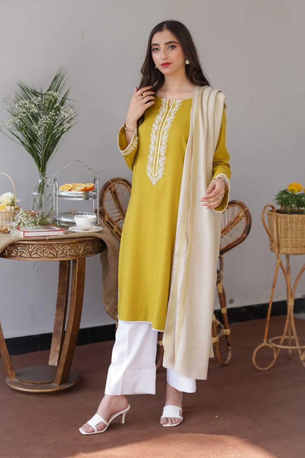 Aisling Lime 3PC Embroidered Dhanak with Embroidered Dhanak Shawl