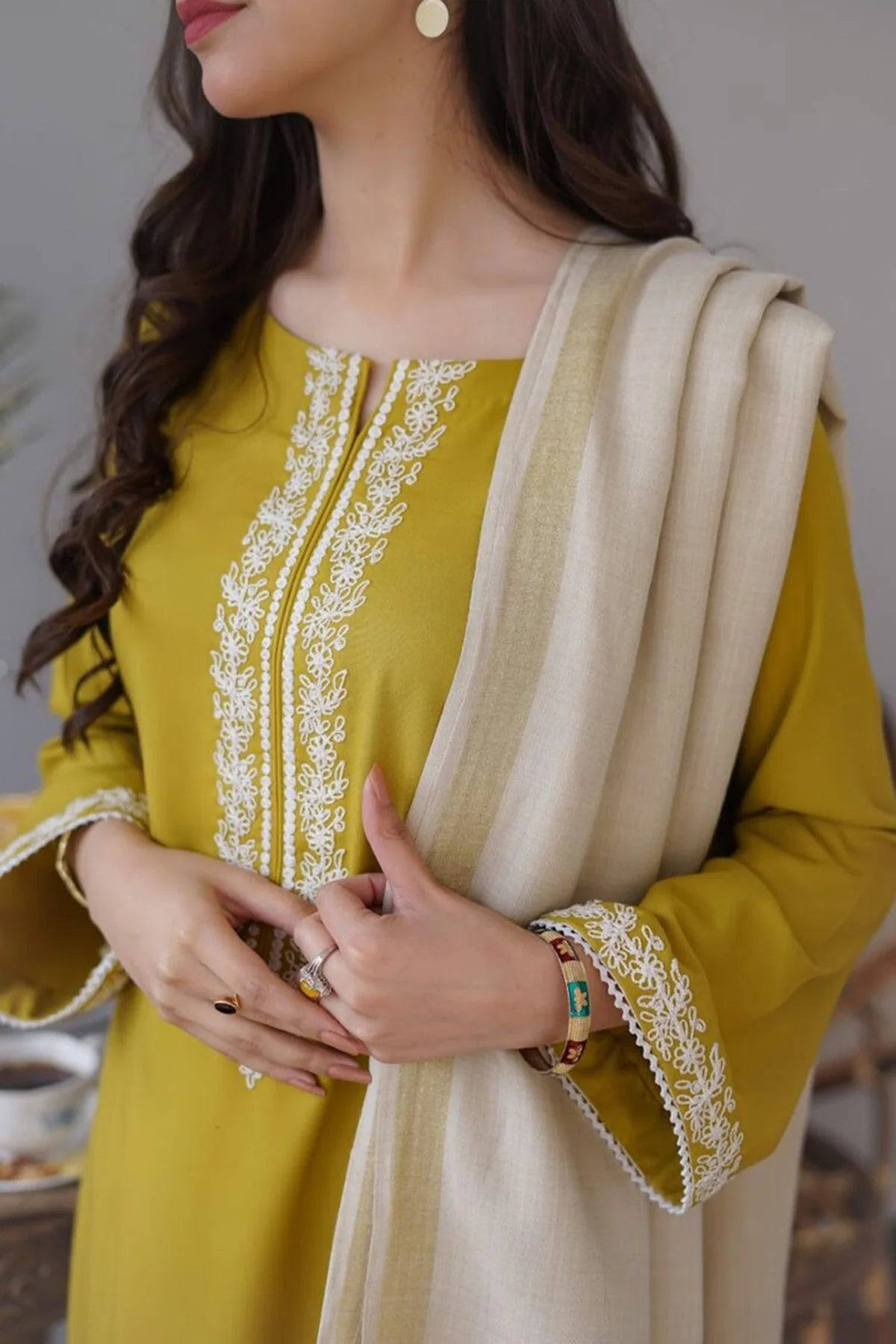 Aisling Lime 3PC Embroidered Dhanak with Embroidered Dhanak Shawl