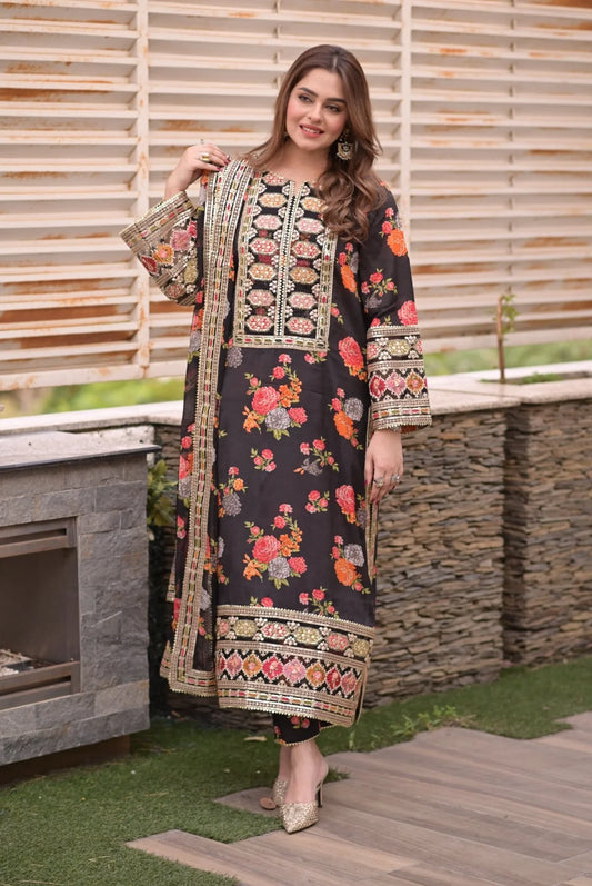 Aneelas Silk Dress Embroidered 3 Piece Unstitched