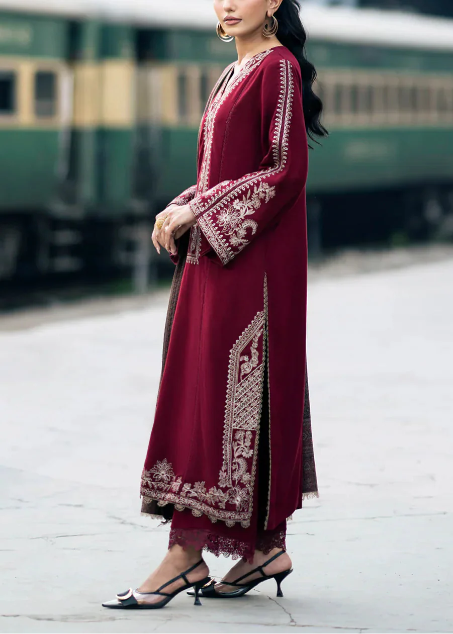 Embroidered 3pc Dhanak dress with Printed shawl