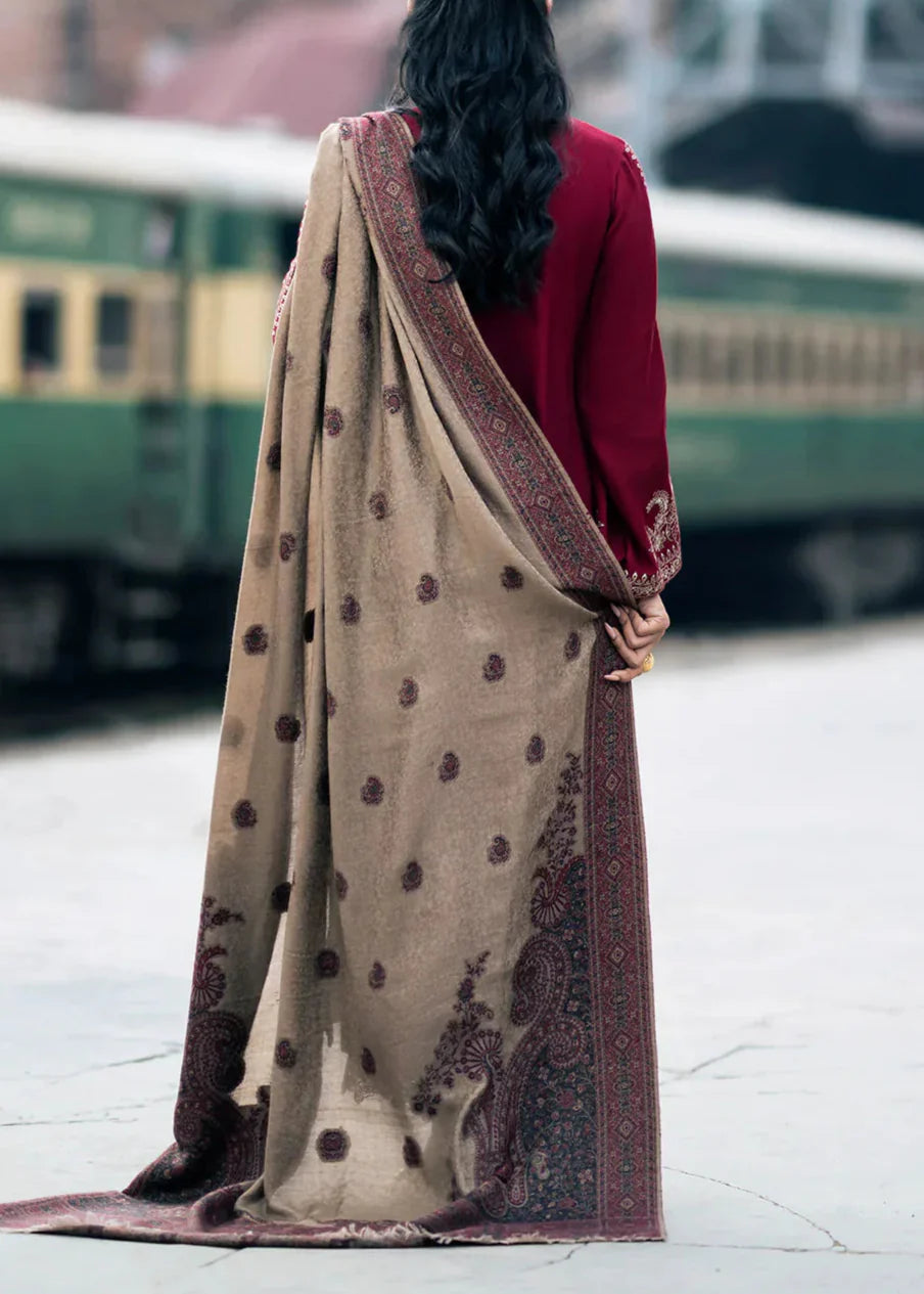 Embroidered 3pc Dhanak dress with Printed shawl