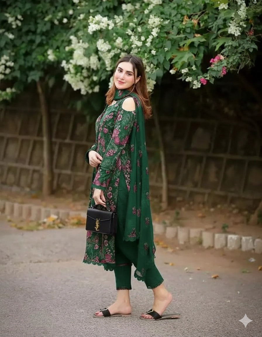 3pc Unstitched Bareeze Dhanak Embroidered Green Dress 762