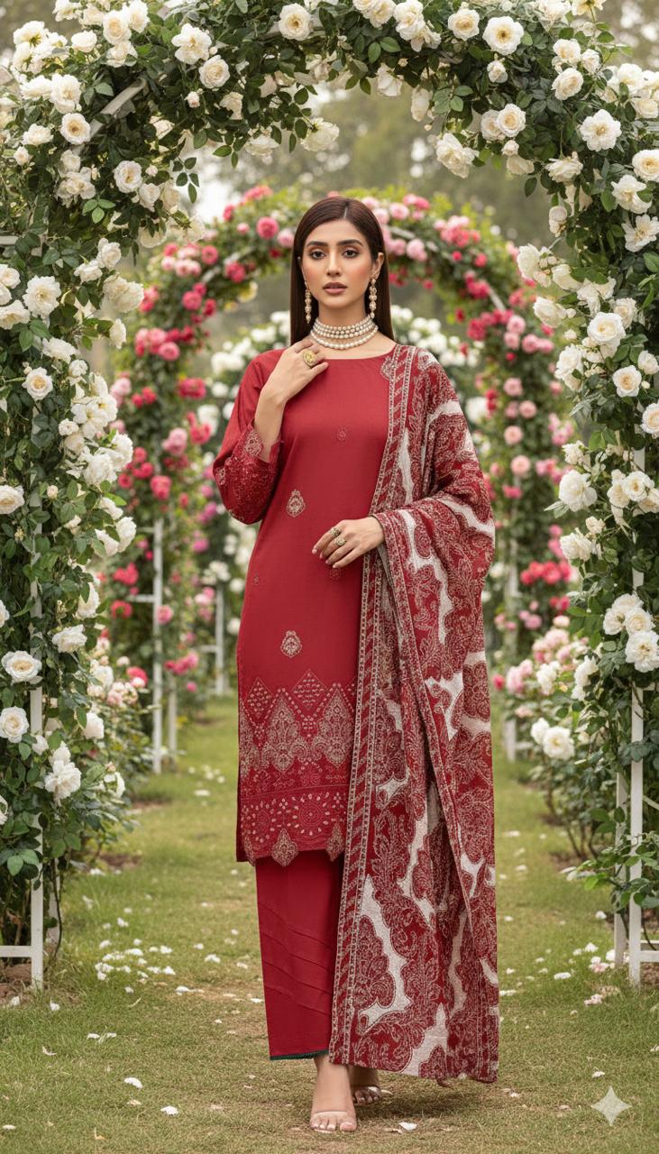 Reddish Mehroon Unstitched Luxury Dhanak Heavy Embroidered 3pc 508