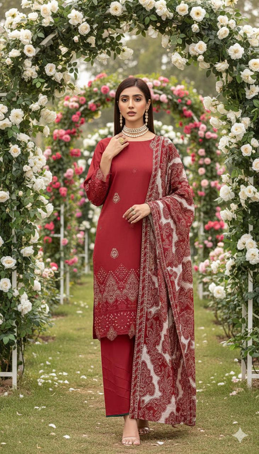 Reddish Mehroon Unstitched Luxury Dhanak Heavy Embroidered 3pc 508