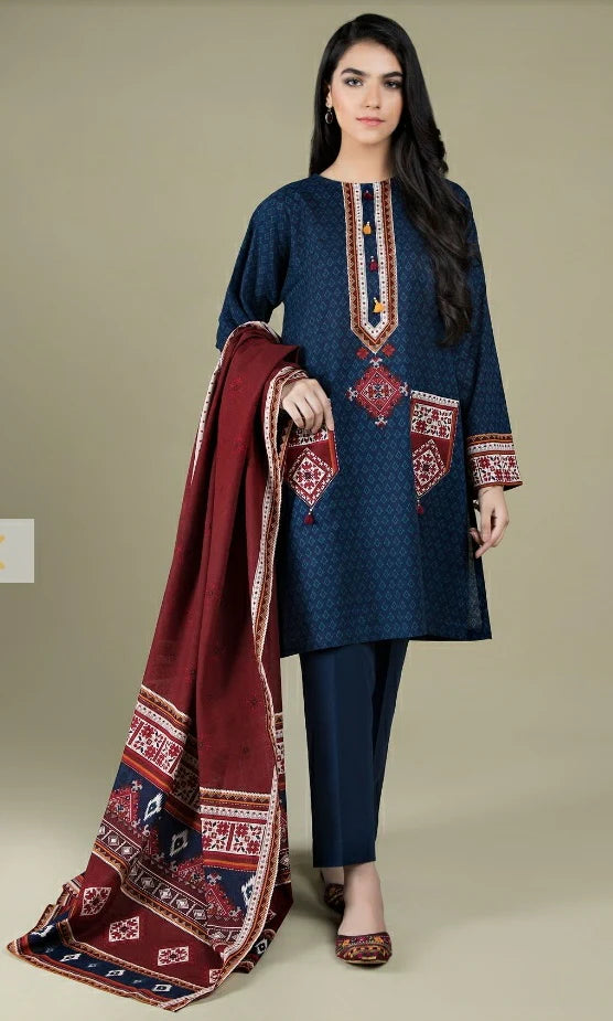 3PC Linen Embroidered suit with Embroidered Shawl