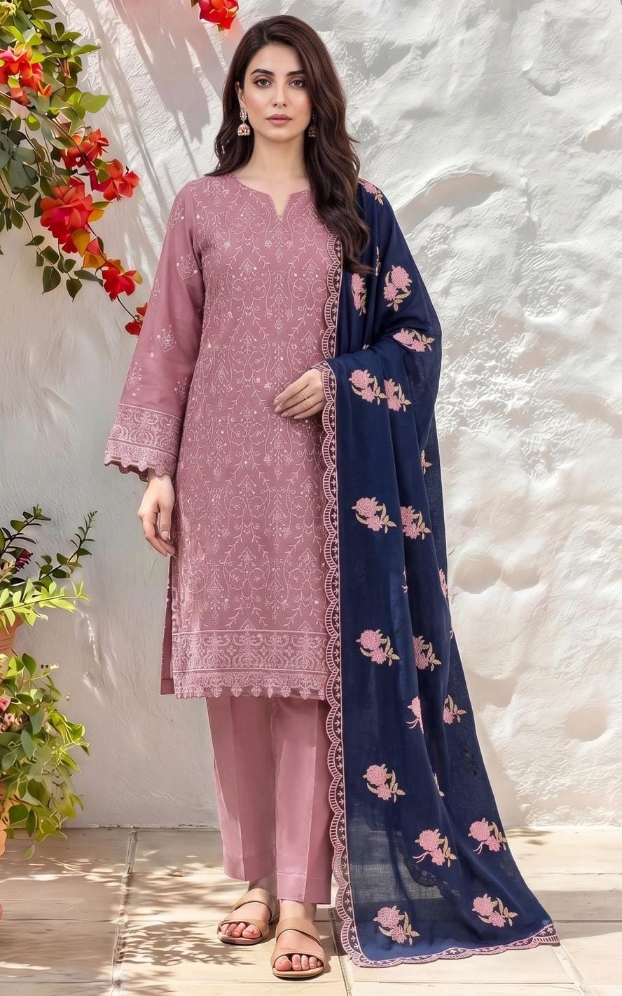 Pink Dhanak 3Pc Embroidered Suit With Embroiderd 4 sided Ready to Wear Blue Shawl