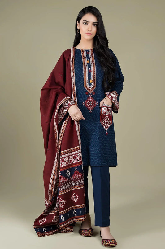 3PC Linen Embroidered suit with Embroidered Shawl