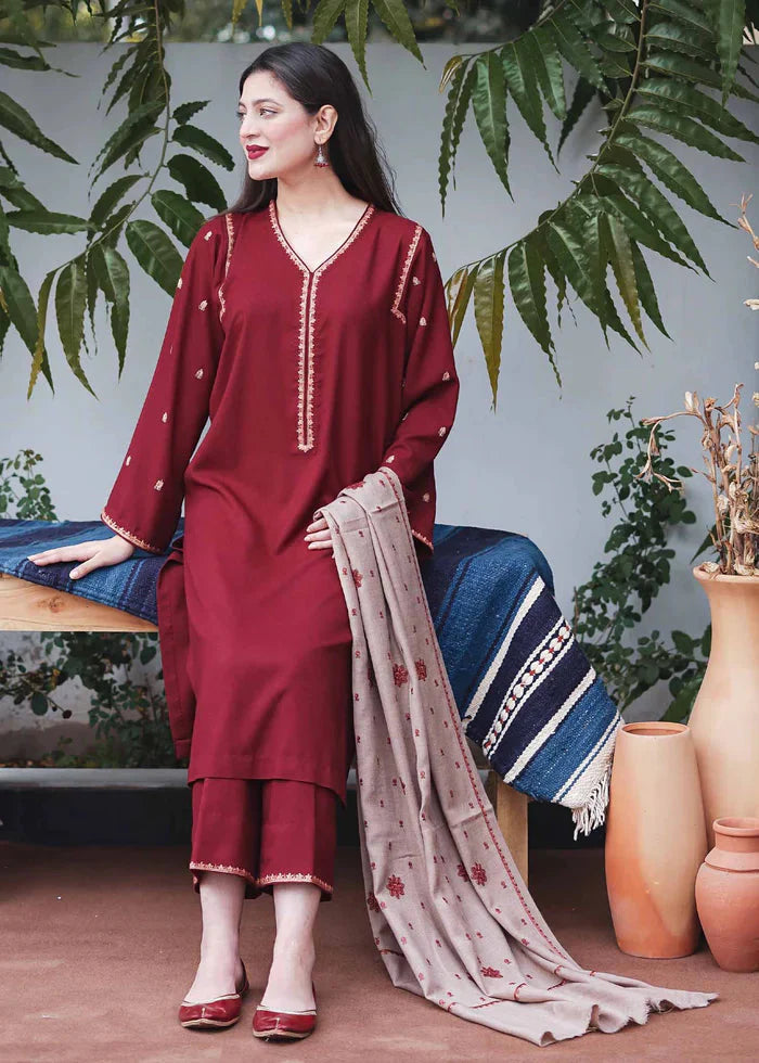 3 Piece Unstitched Heavy Embroidered Dhanak Wool Suit With Heavy Embroidered Dhanak Wool Shawl