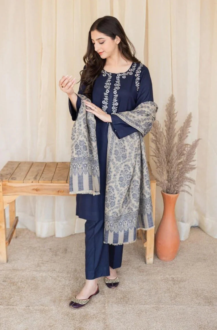 3 Piece Unstitched Embroidered Dhanak Wool Suit With Printed Woolen Shawl